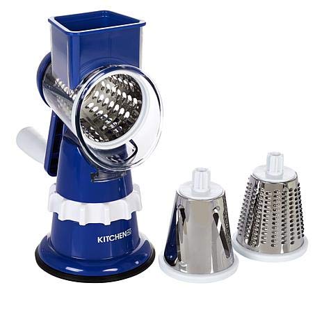 Kitchen HQ Speed Grater and Slicer with Suction Base II, showing the main unit, handle, and three interchangeable drums.