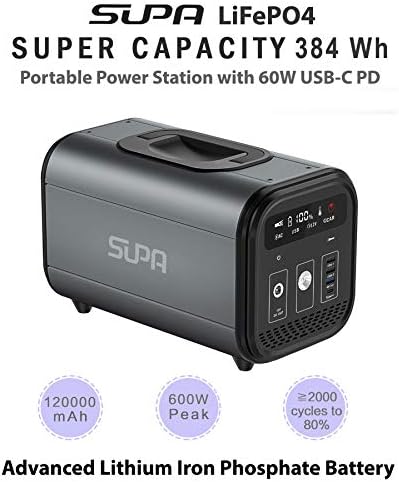 supa 384wh 120000mah lifepo4 portable power station with lithium iron phosphate battery 300w pure sine wave ac outlet solar generator backup battery