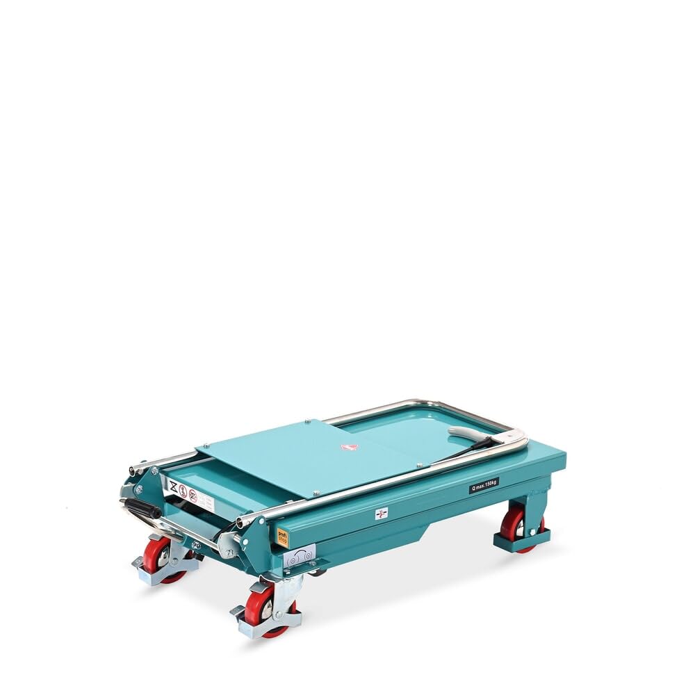 Ameise Scheren-Hubtischwagen LTT | 220-720 mm Hubbereich | 150 kg Tragkraft | 700x450 mm Plattform | Fahrbarer Hubtisch mit klappbarem Bügel | Fußbetriebene Hydraulikpumpe | Stahl | Türkisblau