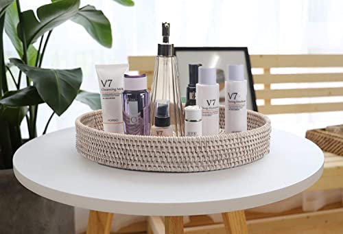 13.8 inch Round Rattan Tray, Decorative Coffee Table Tray, Ottoman Tray, Woven Serving Tray with Handles, Wicker Serving Basket, Whitewash - Image 7