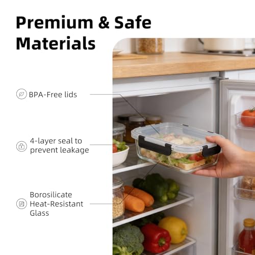 Image of Konokyo Rectangular Glass Food Storage Containers with Lids, 24 Pack Airtight Leakproof Meal Prep Containers, BPA-Free, Microwave Oven Freezer & Dishwasher Safe, Assorted Sizes
