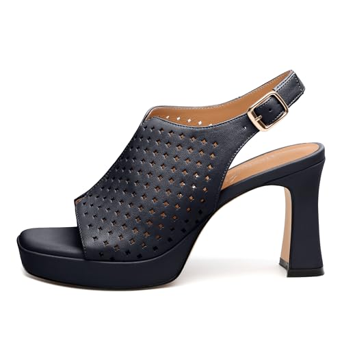 Image of Womens Heeled Platform Sandals, Chunky Heel Square Peep Toe Hollow Out Slingback Sandals, Leather Upper, Lining and Insole Shoes for Women 3.3 inch