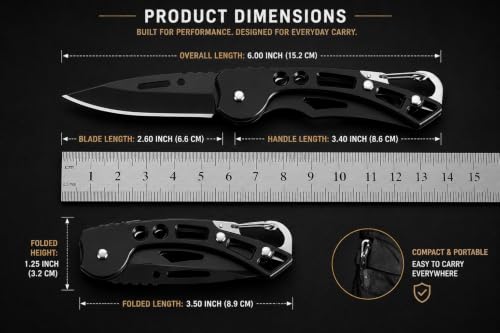Image of Foldable Pocket Knife with Carabiner Clip - 6 Inch Carbon Steel Manual Folding Blade for Kitchen, Camping, Travel and Office Use | Multipurpose Box Opener Utility Knife
