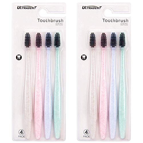 Bamboo Charcoal Toothbrush - Pack of 8 Soft Bristle Toothbrush Multicolor Compact Head Naturally Whitening Gentle Sensitive Gums, Travel, Hotel, Guests, Disposable use for child and Adult, 4 Colors