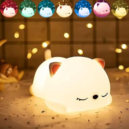 Image of One94Store Silicone Sleeping Cat Night Light - Touch-Control Color-Changing LED Lamp, USB Rechargeable, Multicolor Night Light for Kids, Romantic Decor, Valentine Day Gift, Love Gift for Her