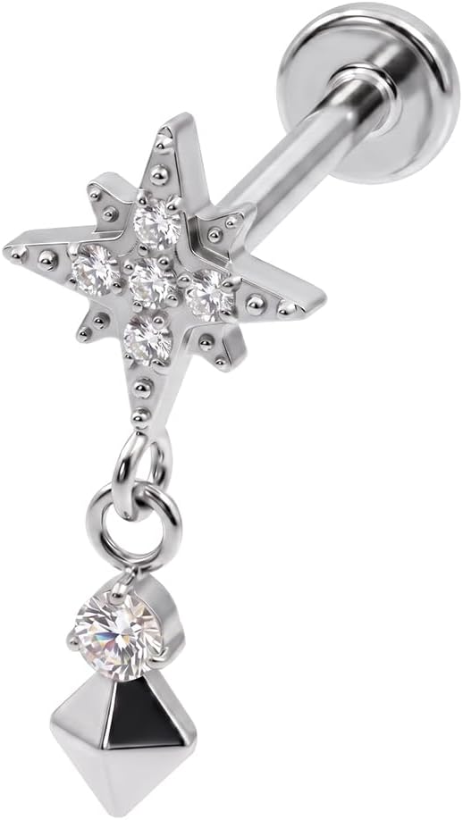 G23 Grade Titanium Cz Stones North Star with Pyramid CZ Dangle Design Threadless Tragus Labret Piercing Jewelry
