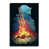 ZBIN Dark Souls Bonfire Wall Art Anime Game Canvas Print Posters Home Decor Painting Pictures Living Room Bedroom Decorative Bonfire Flame Sword Poster 16x24 Unframed