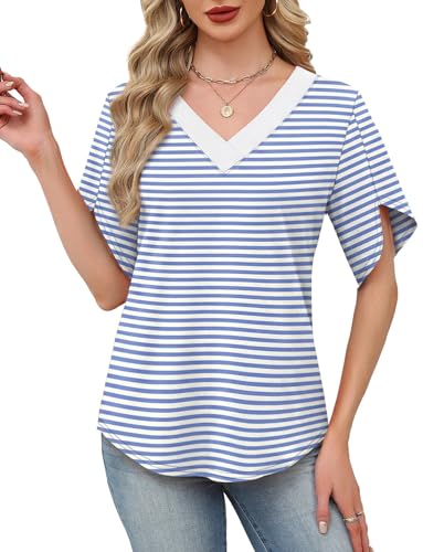 Image of WIHOLL Womens Summer Tops Short Petal Sleeve Shirts Fashion V Neck Womens Clothing