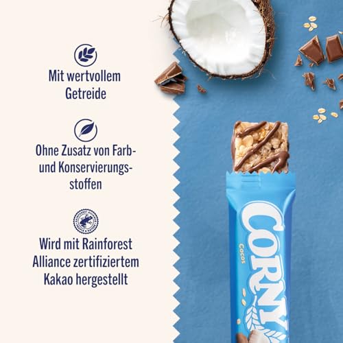 Müsliriegel Corny Classic Cocos | Mit exotischer Kokosnuss und Schokolade | 100er-Karton Vorratspackung | Snack für Tagung, Meeting & Ausflug | 100 x 25 g
