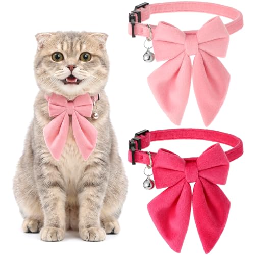 Molain 2 Pack Pink Cat Collar with Bow Bells, Breakaway Safety Cat Bowtie Collar with Bell Adjustable Soft Kitten Collar with Removable Bowtie for Small Girl Cats 8-12Inch