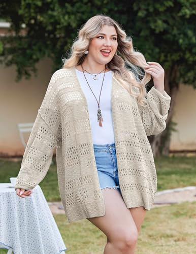 Image of IN'VOLAND Womens Plus Size Crochet Cardigan Lightweight Long Sleeve Open Front Oversized Boho Sweaters Kimonos