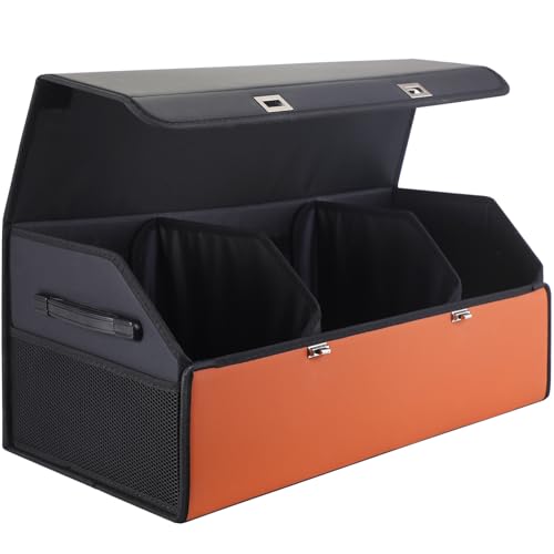 Noaman Leather Trunk Organizer for SUV - Large Car Trunk Storage Organizer with Lid and 2 Removable Dividers, Foldable Car Organizers and Storage Box for Sedan with 2 Metal Locking Clasps Black. by Noaman - Used condition - US$27.98