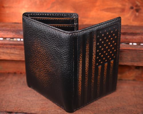 DK86 USA Flag Trifold Wallets for Men American Flag Wallet Full Grain Leather with Hand Burnished Tri-Fold Wallet RFID Blocking - Image 4