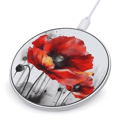Beautiful Poppy Flower Ink Wireless Charger, 10W Qi-Certified Fast Wireless Charging Pad with USB Cable & LED Indicator Fashion Charger Mat Portable Charging Station for All Qi-Enabled Phones