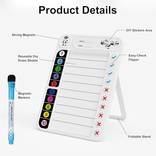 Image of Magnetic Chore Chart for Kids, ADHD Task Tracker Easy-Check Routine Dry Erase Board, to-Do List Planning Tool with Stand for Fridge /Desk /Home /School, 6 Reusable Sheets, 3 Markers