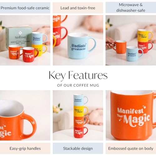 Image of Nestasia Ceramic Stackable Cups Set of 4 (280ml Each) - Embossed Motivational Quotes Tea & Coffee Cups with Glossy Finish | Microwave & Dishwasher Safe Cups - Ideal for Gifting (Colourful)