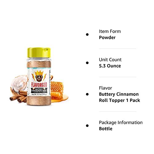 Buttery Cinnamon Roll Seasoning Topper Mix By Flavor God - Premium All Natural & Healthy Topper Blend For Donuts, Bread, Oatmeal, Pancakes, Breakfast Sandwiches, Fruit, Ice Cream & Coffee - No Fillers Kosher, Low Sodium, Gluten-Free & Dairy-Free #TOP7