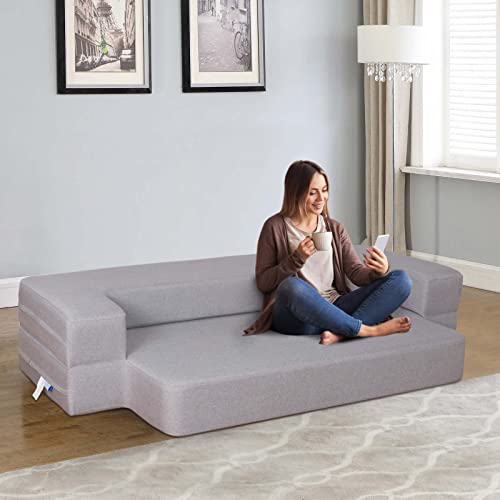 Hontop 8 Inch Folding Sofa Bed Queen Size Memory Foam Couch Convertible Futon Sleeper Foam Bed For Bedroom Living Room Guest, Light Grey #TOP4