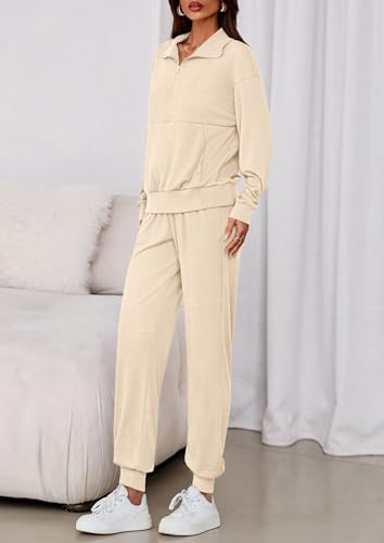 Image of PRETTYGARDEN Women 2 Piece Ribbed Knit Matching Lounge Sets | Comfy Sweat Track Suits, Athleisure Casual Outfit, Half Zip Sweatshirt & Jogger Pants, Fall Winter Clothes for Airport Travel