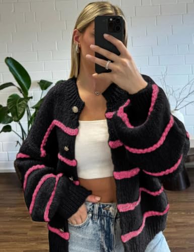 Image of QIBABU Womens Striped Cardigan Sweaters Casual Open Front Long Sleeve Button Down Knit Outwear