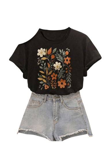 OYOANGLE Girl's Floral Graphic Short Sleeve T Shirt Crew Neck Drop Shoulder Causal Tee Tops - Main Image