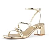 Shoe'N Tale Strappy Heels for Women Low Chunky Block Heel Dress Shoes Square Open Toe Ankle Strap Heeled Sandals(8.5,Gold)