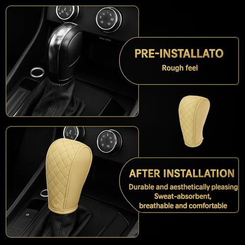 Image of DETACHI Car Gear Knob Cover Premium PU Leather Beige Non Slip Waterproof Gear Shift Protector Universal Fit for Cars SUVs Trucks Durable Diamond Design Handbrake Cover Stylish Car Interior Accessory