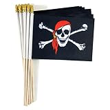 QQSD Pirate Jolly Roger Small Flag with Red Bandana Stick Mini Hand Held Flags - Solid Wooden Pole with Spear Top, 12 Pack
