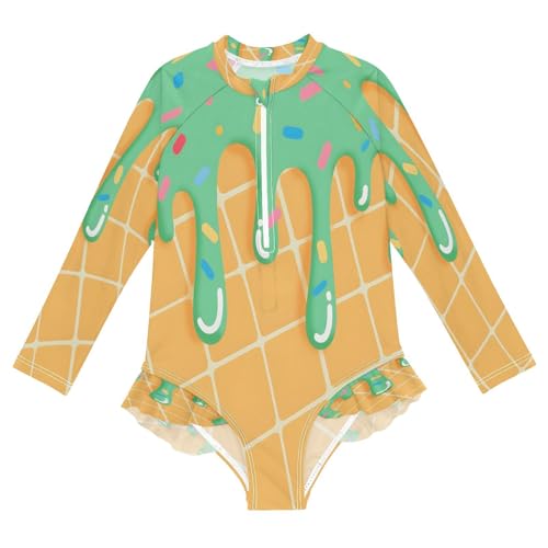 ALAZA Ice Cream Green Girls One Piece Swimsuit Long Sleeve Rashguard Swimsuit UV 50+ Swimwear Zip