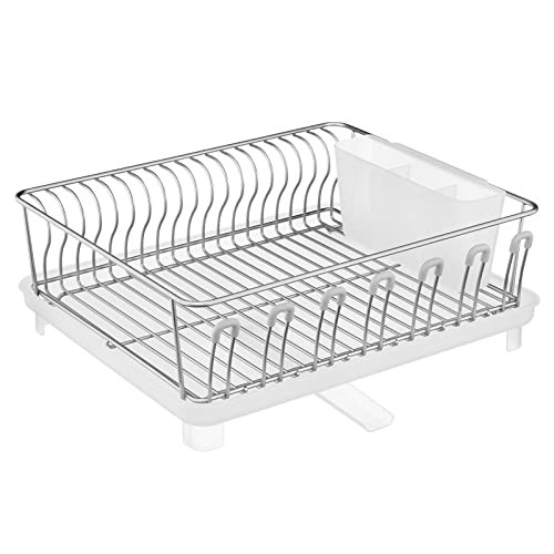 Image of mDesign Alloy Steel Sink Dish Drying Rack Holder with Plastic Swivel Spout Drainboard Tray - Dish Rack /Dish Drainer Storage Organizer for Kitchen Counter - Concerto Collection, Chrome /Clear