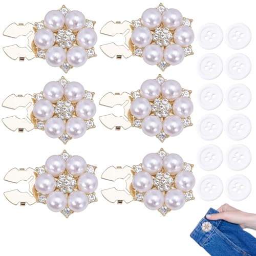 Tniytru - 6 Pcs Pearl Rhinestone Cufflinks with 12 Shirt Buttons, Elegant Button Covers Clip On, Detachable Shirt Buttons Clips, Pearl Flower Button Covers for Women