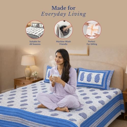 Image of Jaipur Weaves Jaipuri Double Bed Cotton Bedsheet Queen Size 90x85, 120 TC 100% Pure Cotton Bed Sheet with 2 Pillow Covers, Floral Traditional Print (Blue Paisley, Double)