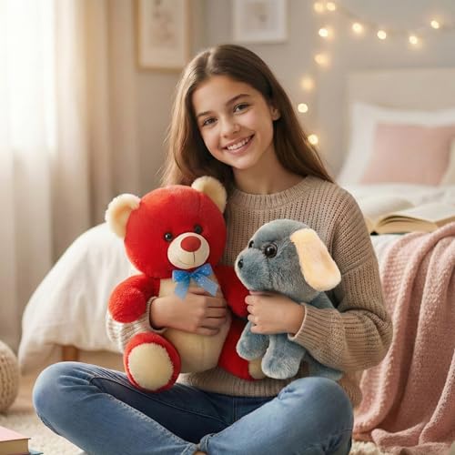 Image of Tabitha Stuffed Toys - Ultra Soft Plush Toy for Kids | Birthday Gifts for Kids and Girls | (Combo of 2 Toys 30 Cm Red Teddy & 25 Cm Grey Dog)