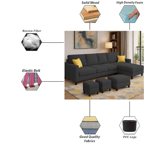 Image of Casaliving Rolando Seater L Shape Sofa Set for Living Room Left Side (Black, 6 Seater with Ottomon - RHS)