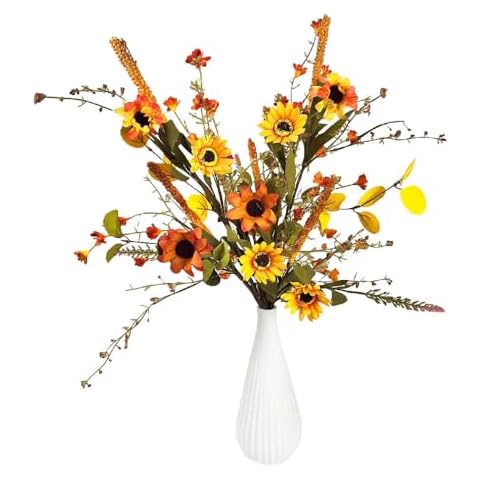 AntranStore Small Daisies Lavender Fake Flowers Leaf Plants Decorate Autumn Garden Indoor Office Living Room Outdoor Yard Party 2 Pcs (Sunset) Cover