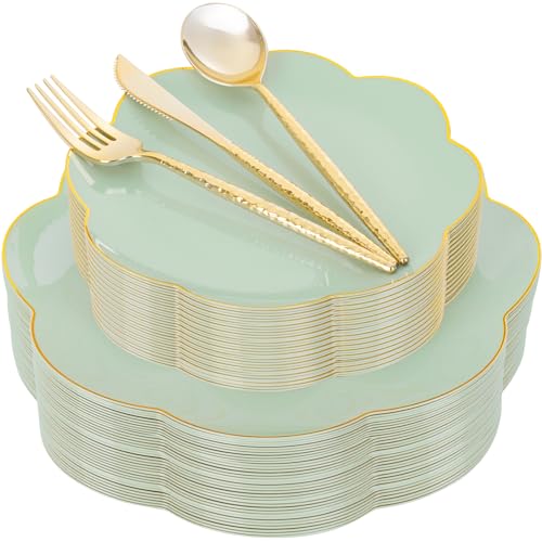 LIYH 150 Pcs Sage Green Plastic Plates - Dinnerware Set, Gold Silverware, Flower Plates Include Dinner & Dessert Plates, Knives, Forks for Wedding