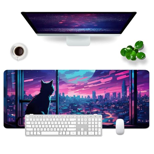Sous-main pour souris en forme de chat Violet 80x30cm Tapis de souris XL grand tapis de souris doux, tapis de bureau pour ordinateur PC et clavier de souris...