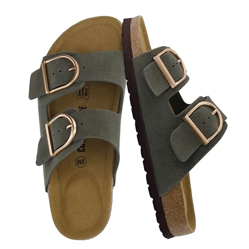 CUSHIONAIRE Legacy Cork Footbed Sandals for Women – Leather Double Strap Slides with Adjustable Buckles + Memory Foam, Khaki, 10