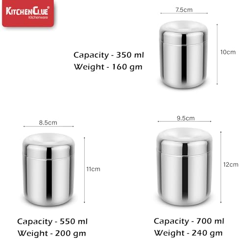 Image of 304 Grade Stainless Steel Canisters /Containers Set Of 3 Pcs (350, 550 & 700ml) Glossy Mirror Finish, Looks Attractive & Elegant - Durable & Unbreakable - Airtight Steel Lid Containers
