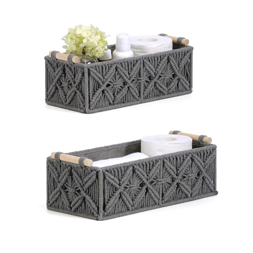Nonam Macrame Storage Baskets, Boho Decor Style Woven Storage Boxes for Home Organization, Toilet Tank Shelf Cabinet Organizer Baskets,Set of 2,Grey