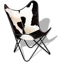 vidaXL Butterfly Chair, Accent Living Room Chair, Butterfly Armchair with Iron Frame, Industrial Style, Black and White Real Cowhide Leather