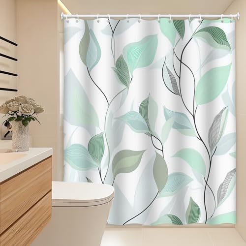 Rideau de douche botanique vert clair en polyester lavable avec 12 crochets 120x182 cm