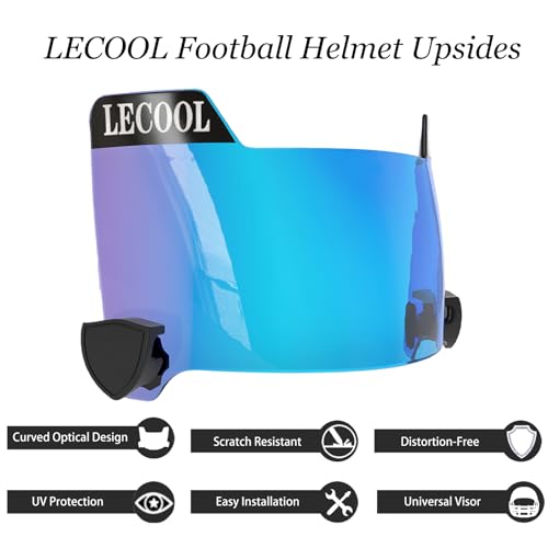 LeCool Football Visor – 3D Molded Curved Lens Technology, Wide Field Vision, Fits Youth & Adult Helmets (Clear Blue)