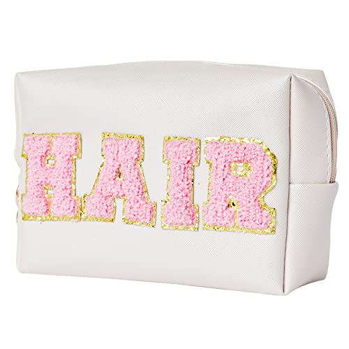 Burskit Preppy Patch Stuff Portable Makeup Bag Bulk Pu Leather Cosmetic Bag Waterproof Travel Organizer Zipper Pouch Storage Purse for Women Girls Gift, HZB-JS-hair-1, Burskit Preppy Patch Skin