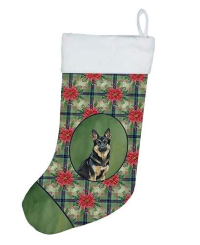 Caroline's Treasures Black and Tan German Shepherd Christmas Poinsettas Holiday Stocking Double-Sided Print, Polyester Suede,11x18, Made in USA