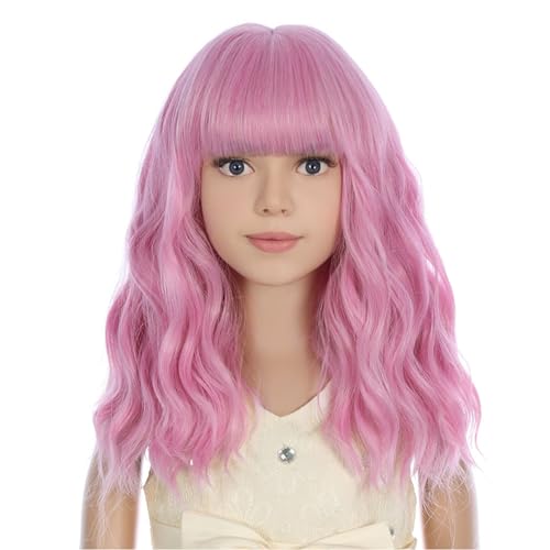 Image of PATTNIUM Light Pink Wig for Kids Short Wavy Pink Wig with Bangs Girls Synthetic Hair for Cosplay Costume