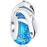 Mother/Son Dolphins Charms on Sea Blue Murano Glass Beads fit Pandora Mothers Day Bracelet, 925 Sterling Silver Playful Dolphine Beads Ocean Life Charm, Gift for Travel/Christmas