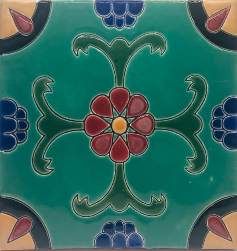 MEXTILES Handmade Ceramic High Relief Tile - Cuerda seca Technique 6"x6" - Unique Artisan Wall Art for Kitchen, Bathroom, and Home Decor Pack of 2