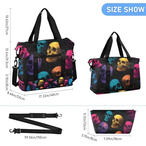 ALAZA Sports Duffel Bags with Toiletry Bag Set,Color Of Nebula Skull Head Pattern Travel Duffel Bags Multi Pockets Weekend Bag3