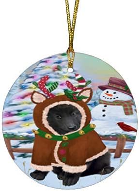 Santa Sled Dogs Belgian Shepherd Christmas Round Flat Ornament - Pet Decorative Hanging Ornaments for Christmas X-mas Tree Decorations - 2.75" Round Flat Ceramic Christmas Ornament POR1558